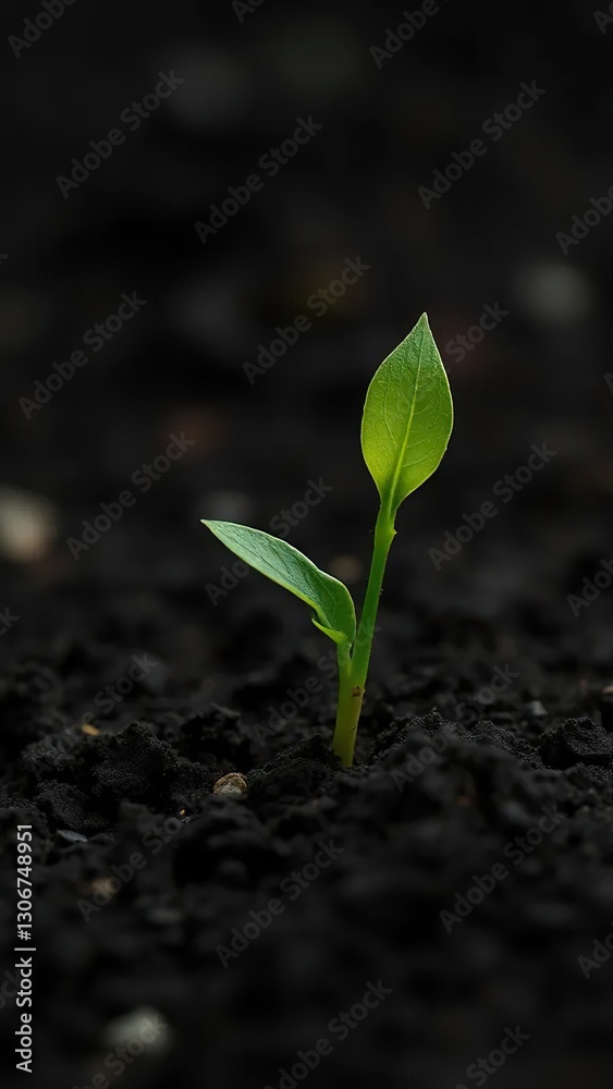 Fototapeta premium Bright green sprout poking out of dark earthy ground, light, soil