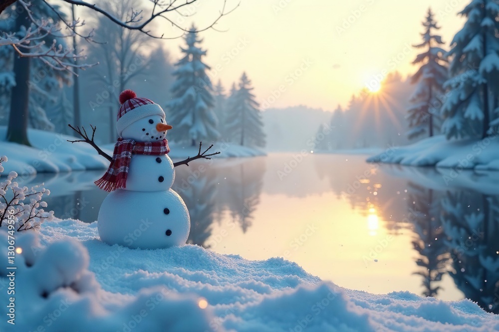 Fototapeta premium Snowflakes dance around a frozen lake and a lone snowman, winter, serene
