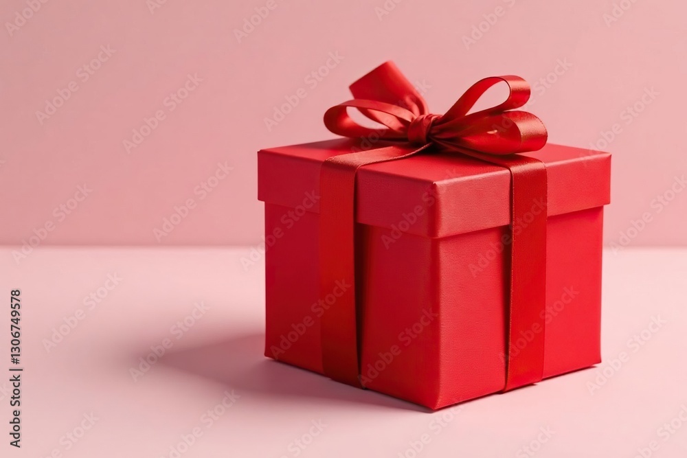 Fototapeta premium Tall rectangular gift box wrapped in bright red fabric with a tag, decoration, wrap