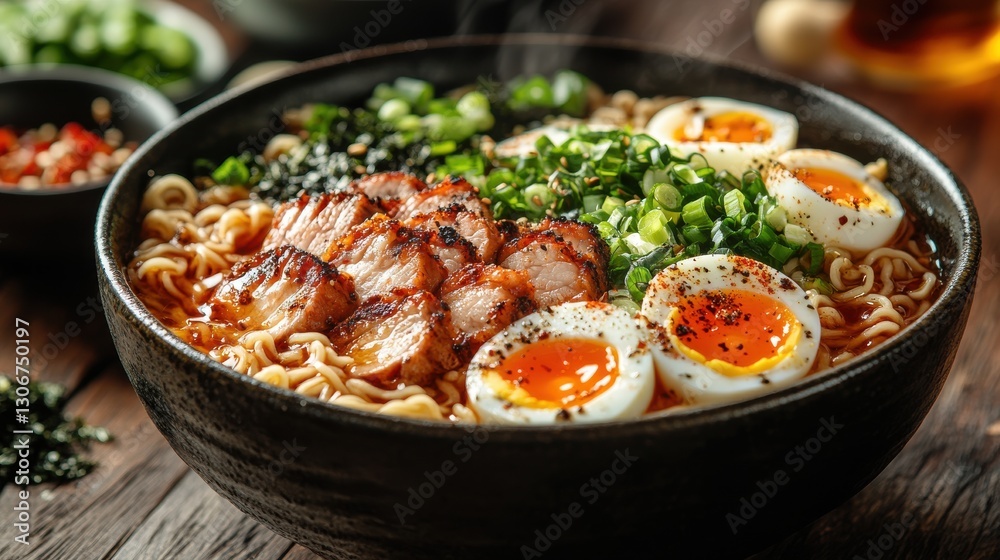 delicious ramen bowl featuring tender pork soft boiled eggs scallions and nori served on a rustic wood backdrop the dish is steaming hot evoking a comforting and appetizing dining experience delicious ramen bowl featuring tender pork soft boiled eggs scallions and nori served on a rustic wood backdrop the dish is steaming hot evoking a comforting and appetizing dining experience