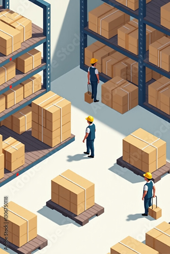 Vibrant Isometric Warehouse Scene Busy with Package Sorting Logistics Shipping and Receiving Operations Global Distribution Network for E-commerce and Freight Services