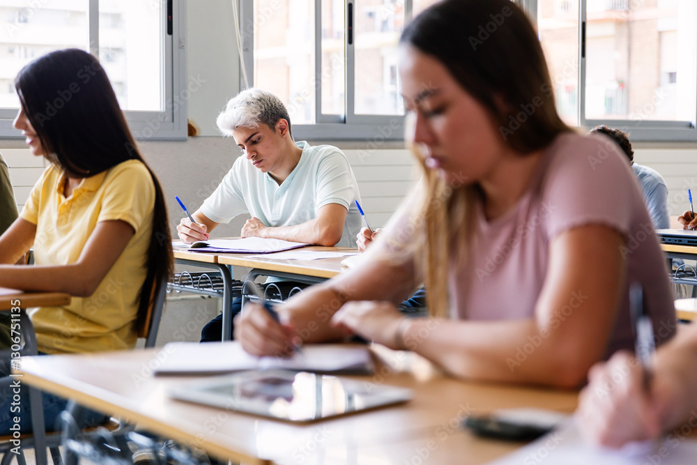 Fototapeta premium Group of diverse young students taking notes while listening to the teacher at university classroom. Teenage people studying at high school. Education lifestyle concept.