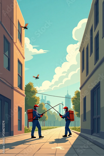 Professional Pest Control Team Eliminating Insect Infestation Inside Building Vector Graphic Detailed Illustration Effective Extermination Services Prevention Pest Management