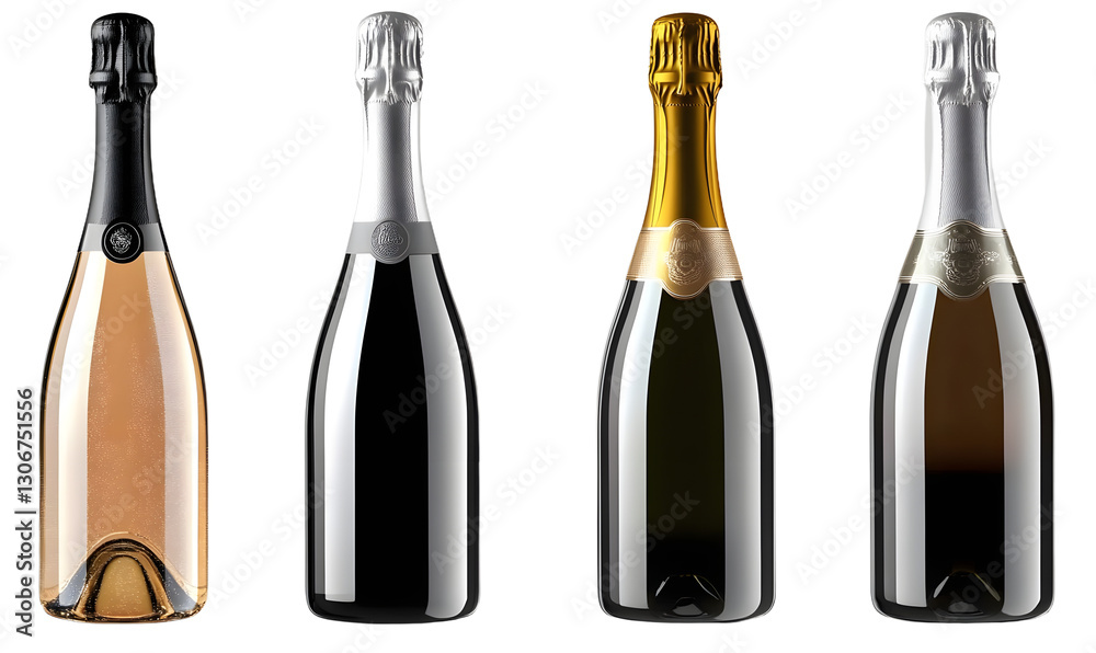 Fototapeta premium Set of Borgognotta - bottle of prosecco or champagne wine isolated on transparent background