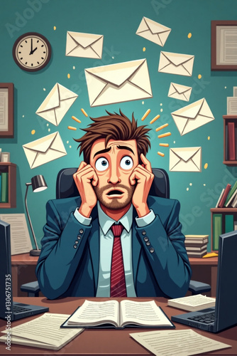 Overwhelmed Businessman Drowning in Emails Frantically Working at Cluttered Desk in a Chaotic Office Environment Deadline Stress Professional Crisis Vector Illustration