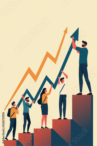 Collaborative Business Growth Teamwork Lifting Financial Chart Towards Success Modern Vector Illustration Diverse Group Achieving Goals Corporate Strategy and Progress Visualization