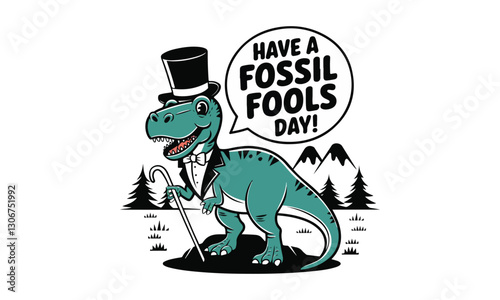 Fossil Fools Day Typography Vector Design with Dinosaur & Fossil Elements, Solid Colors, Humorous T-shirt & Social Media Designs, No Gradients, Vector Illustration.Print ready eps