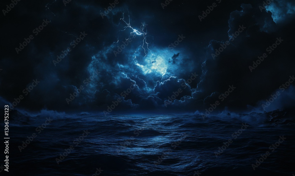 Dramatic night sky with lightning illuminating dark clouds and ocean.
