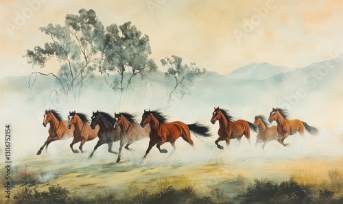 Wild horses galloping through a misty landscape