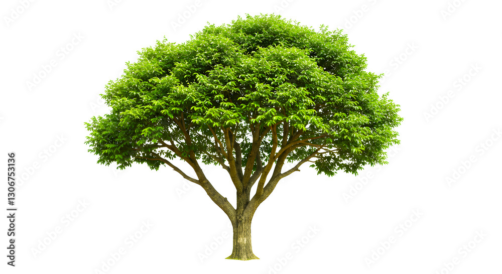 Fototapeta premium A single green tree, its foliage and branches isolated on a white background, evokes summer growth