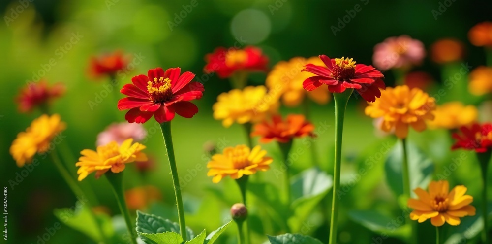 Tall red and yellow zinnias rise above a bed of lush greenery in a sunny flower garden, blooms, greenery Tall red and yellow zinnias rise above a bed of lush greenery in a sunny flower garden, blooms, greenery