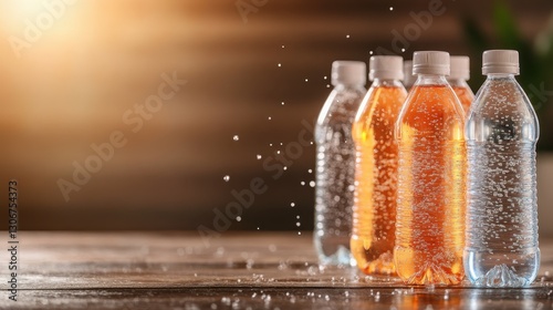 A dynamic display of both clear and orange sparkling water bottles filled with bubbles creates an engaging and refreshing impression on a warm and inviting background. photo