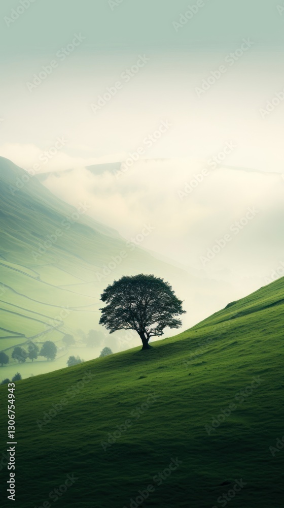 Fototapeta premium Tree in the middle of a mountain meadow nature tree landscape.