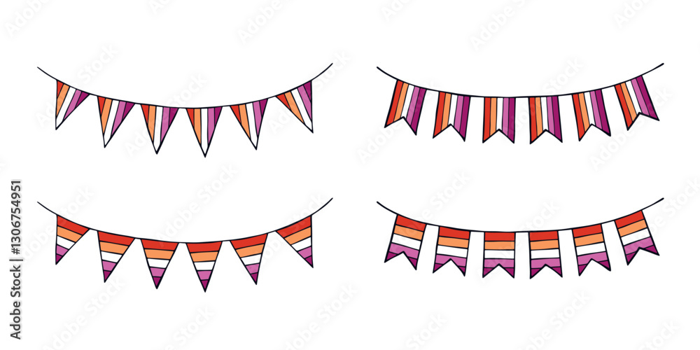 Obraz premium Set of colorful garland Lesbian pride flag Happy pride day LGBTQIA community Pride Month Vector hand drawn doodle for posters, stickers, logo, cards