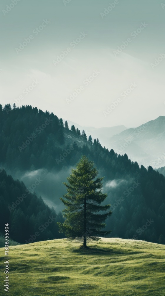 Fototapeta premium Pine Tree in the middle of a mountain meadow nature tree landscape.