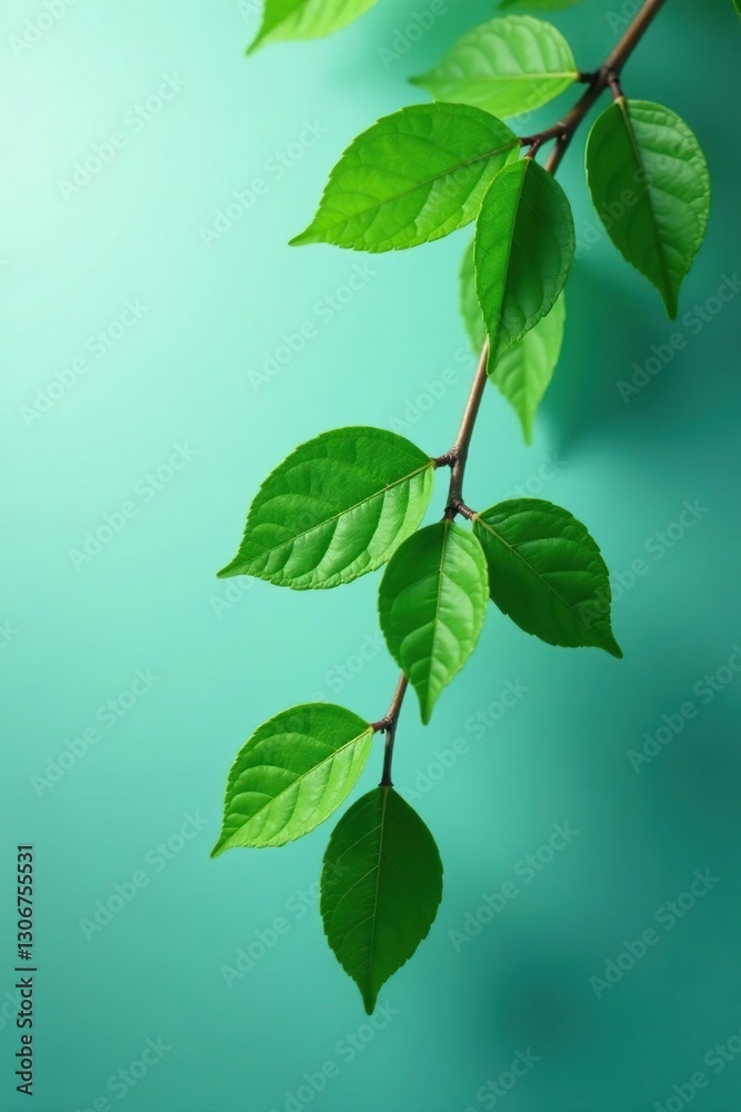Green and teal leaves cascading down a thin branch, plant life, teal Green and teal leaves cascading down a thin branch, plant life, teal