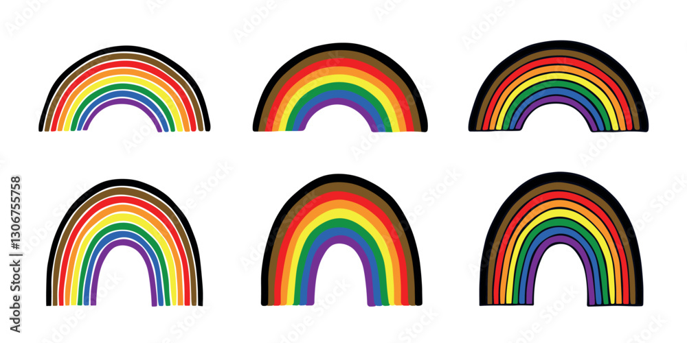 Obraz premium Set of colorful rainbow shape Gay pride flag Happy pride day LGBTQIA community Pride Month Vector hand drawn doodle for posters, stickers, logo, cards