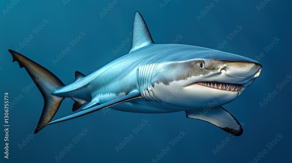 Obraz premium Majestic blue shark rendered in stunning 3D detail, its sleek form glides to the right. Light blue body contrasts with dark blue fins, creating an elegant aquatic dance. 