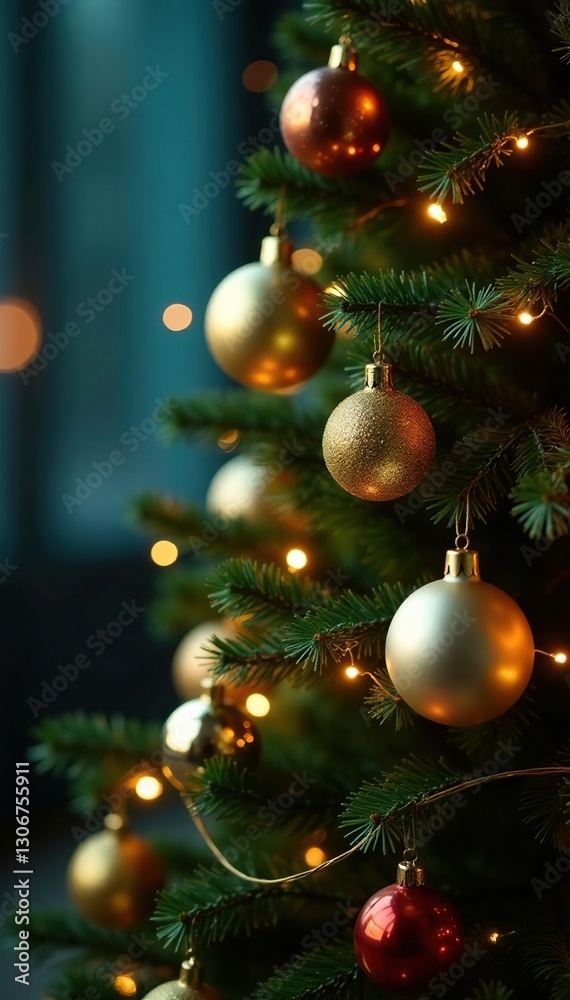 Fototapeta premium Sparkling golden ornaments adorning a tall Christmas tree, tree, festive