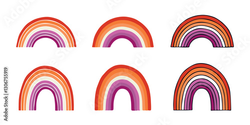 Set of colorful rainbow shape Lesbian pride flag Happy pride day LGBTQIA community Pride Month Vector hand drawn doodle for posters, stickers, logo, cards