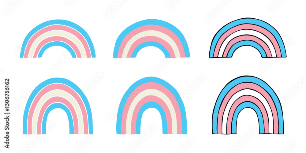 Set of colorful rainbow shape Transgender pride flag Happy pride day LGBTQIA community Pride Month Vector hand drawn doodle for posters, stickers, logo, cards Set of colorful rainbow shape Transgender pride flag Happy pride day LGBTQIA community Pride Month Vector hand drawn doodle for posters, stickers, logo, cards