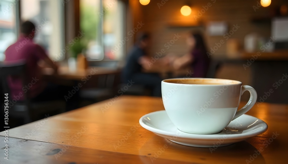 A close-up shot captures a white ceramic cup filled with coffee, resting on a matching saucer atop a wooden table A close-up shot captures a white ceramic cup filled with coffee, resting on a matching saucer atop a wooden table