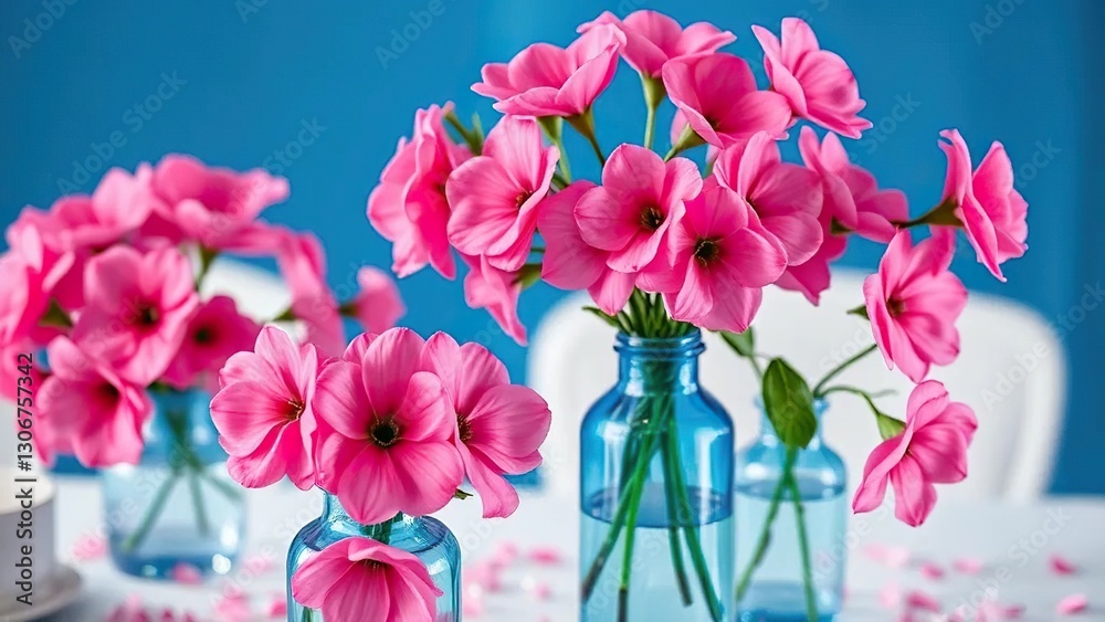 Obraz premium Blue glass vases filled with pink flowers on the table, blue, festive