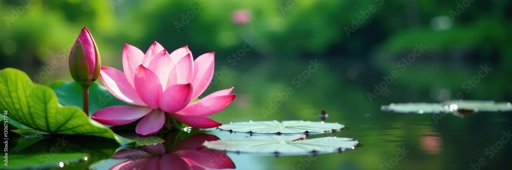 Pond with pink lotus flowers and blooming water lilies, serene scene, landscape, pink lotus Pond with pink lotus flowers and blooming water lilies, serene scene, landscape, pink lotus