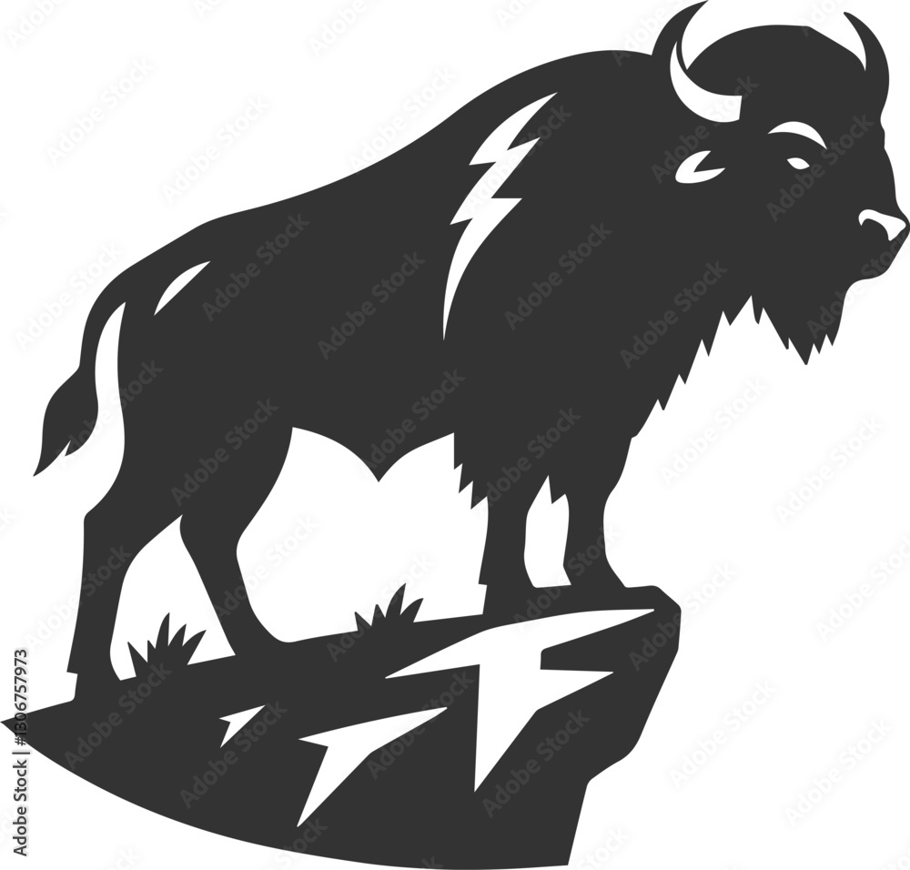 Obraz premium Buffalo standing on a rocky cliff, looking down animal vector silhouette