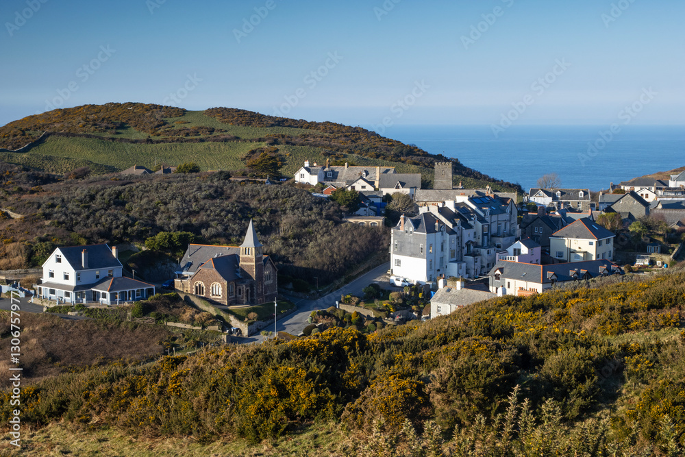 Elevated view of the village of Mortehoe in North Devon, UK