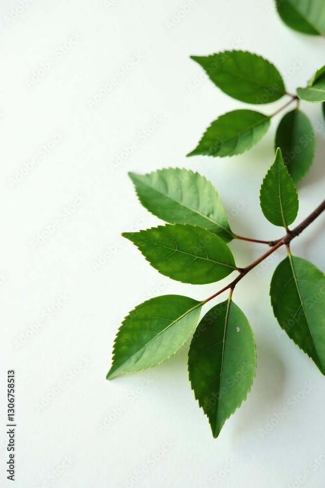 Fototapeta premium Leafy branch with leaves and twigs on white surface, trees, leaves