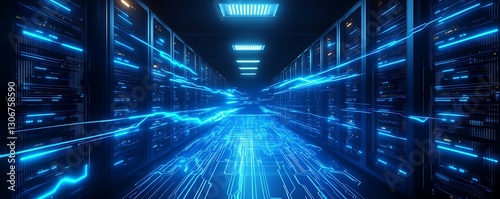 Dynamic Data Flow: Neon blue data flowing through AI-powered servers in a dark virtual room