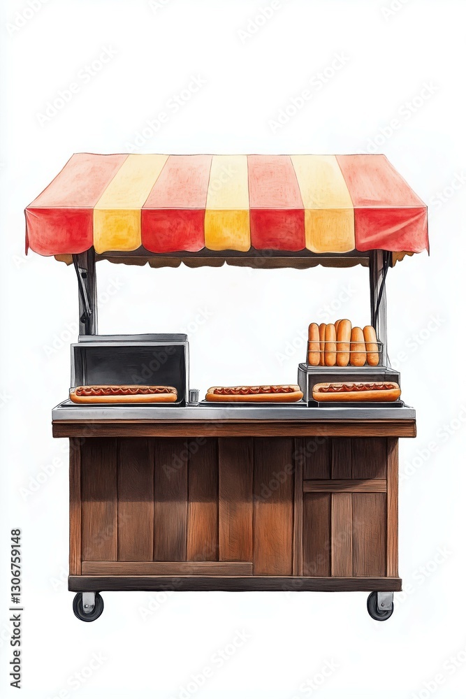 Brightly colored food stall with striped awning. . Brightly colored food stall with striped awning. .