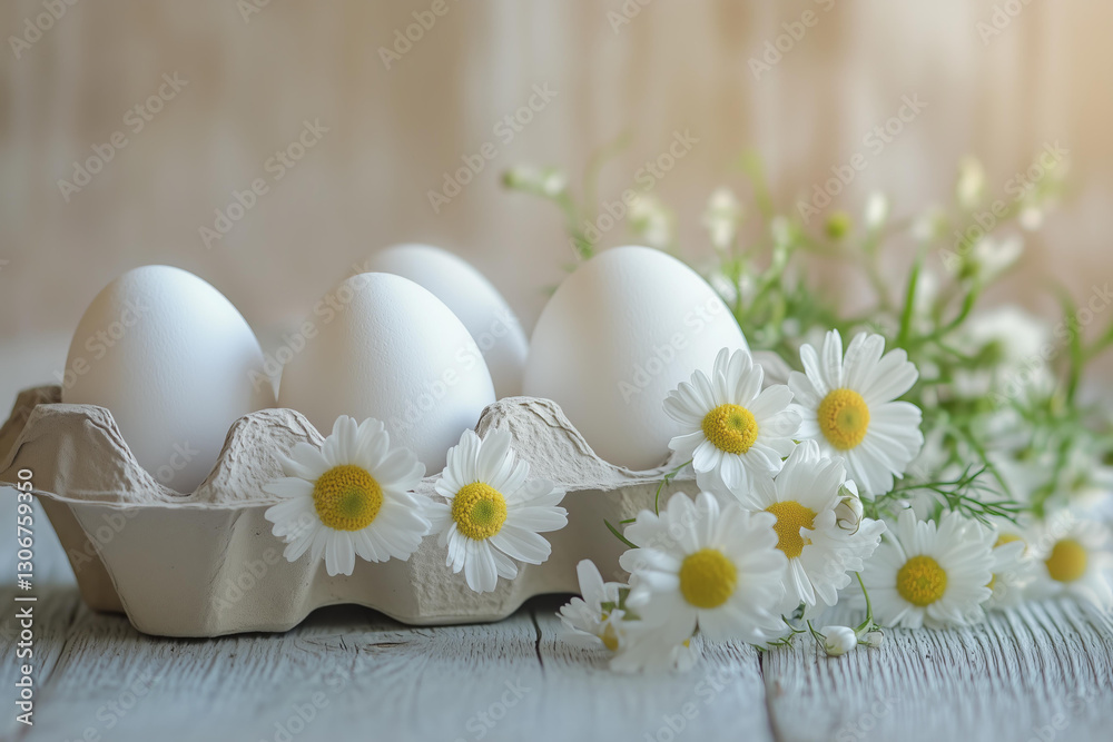 Rustic close-up of a carton filled with pristine white eggs, arranged on a weathered wooden surface. Rustic close-up of a carton filled with pristine white eggs, arranged on a weathered wooden surface.