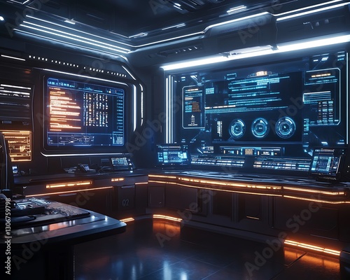 Futuristic AI Command Center: A highly detailed command center displaying AI-controlled data streams and holographic interfaces