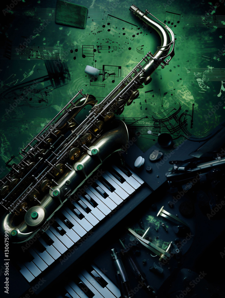 Obraz premium Abstract montage of musical instruments like piano or saxophone as background for jazz concert or music club.