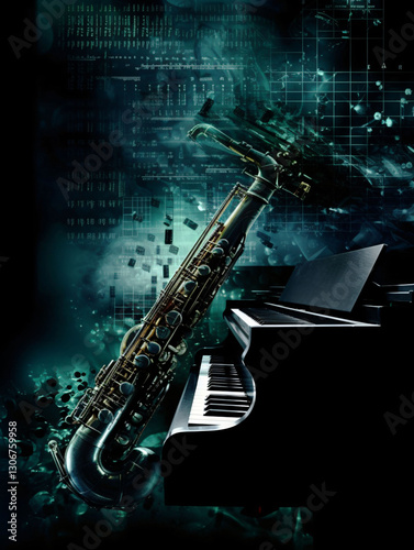 Abstract montage of musical instruments like piano or saxophone as background for jazz concert or music club.