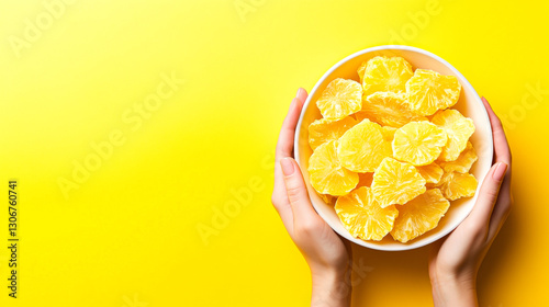 Hands Gently Holding a Bowl of Sweet Dried Pineapple Chunks