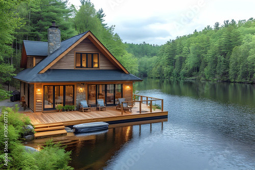 Rustic Lakeside Cabin With Wooden Deck At Dusk