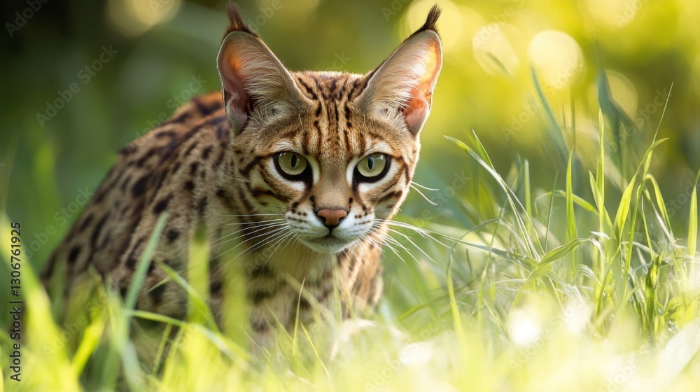 A serene serval cat prowling through lush green grass in a tranquil natural setting A serene serval cat prowling through lush green grass in a tranquil natural setting