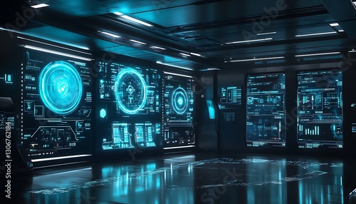 Futuristic AI Control Center: A digital control center powered by AI with floating holographic data panels