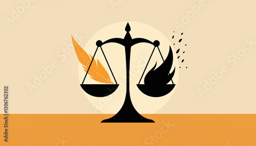 Simple Minimalist Graphic Illustration of Balanced Black Scales with a Golden Feather Representing the Heavenly World and Black Hellfire on the Other Side