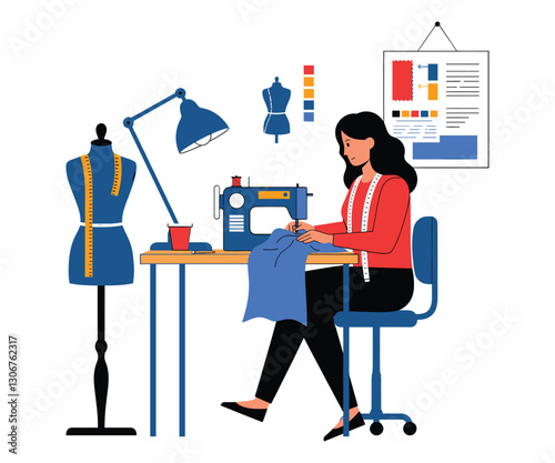 Minimalist Illustration of a Fashion Designer Sewing in a Modern Workspace