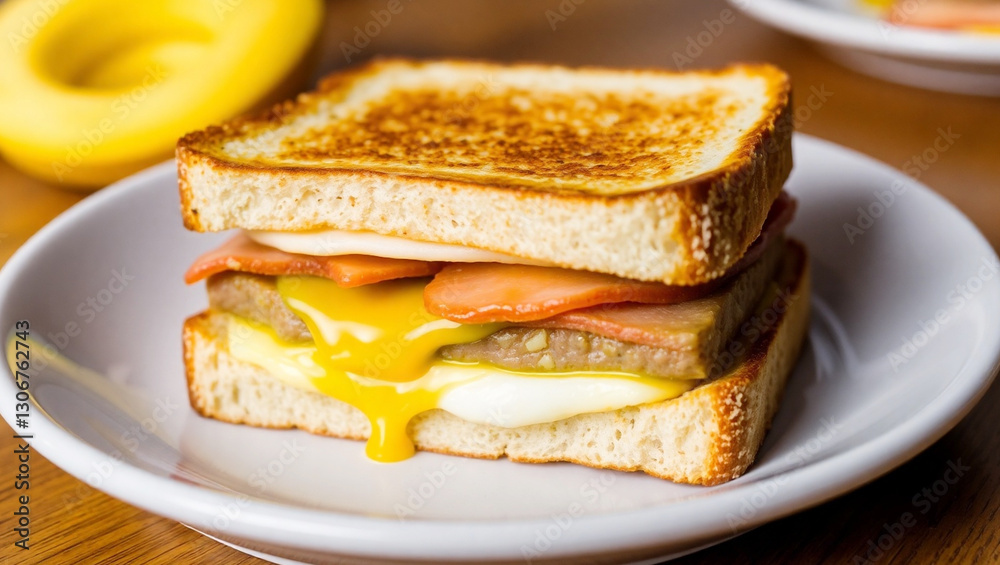 Grilled Breakfast Sandwich with Egg, Ham, and Cheese – Ultimate Morning Meal. Generative AI Grilled Breakfast Sandwich with Egg, Ham, and Cheese – Ultimate Morning Meal. Generative AI