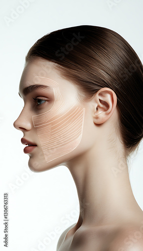 A woman in a beautician’s office with fine lines marked on her face, indicating treatment areas for cosmetic procedures.