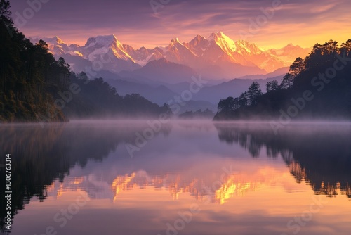 Sunrise over tranquil lake, majestic mountains