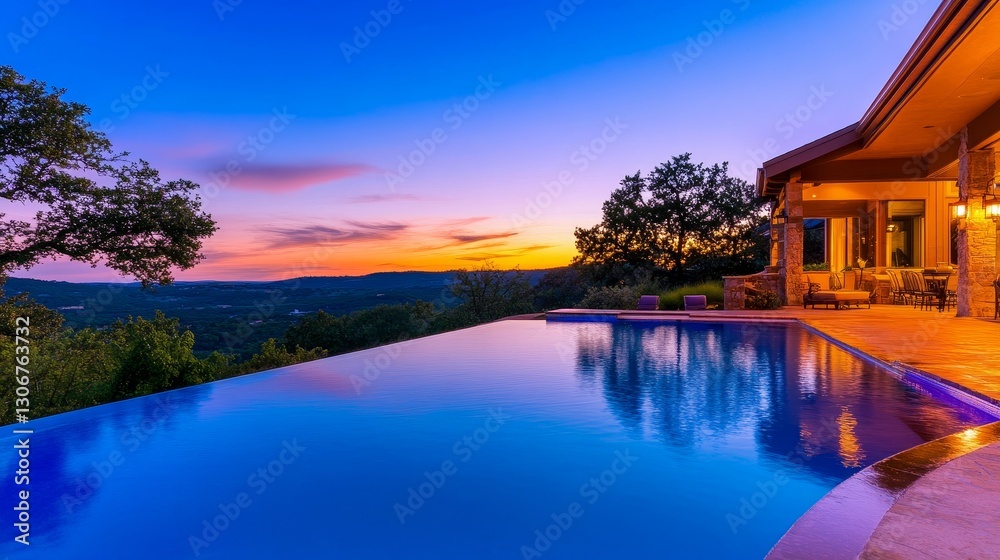 Fototapeta premium Stunning sunset view from a luxury poolside villa overlooking a scenic valley landscape