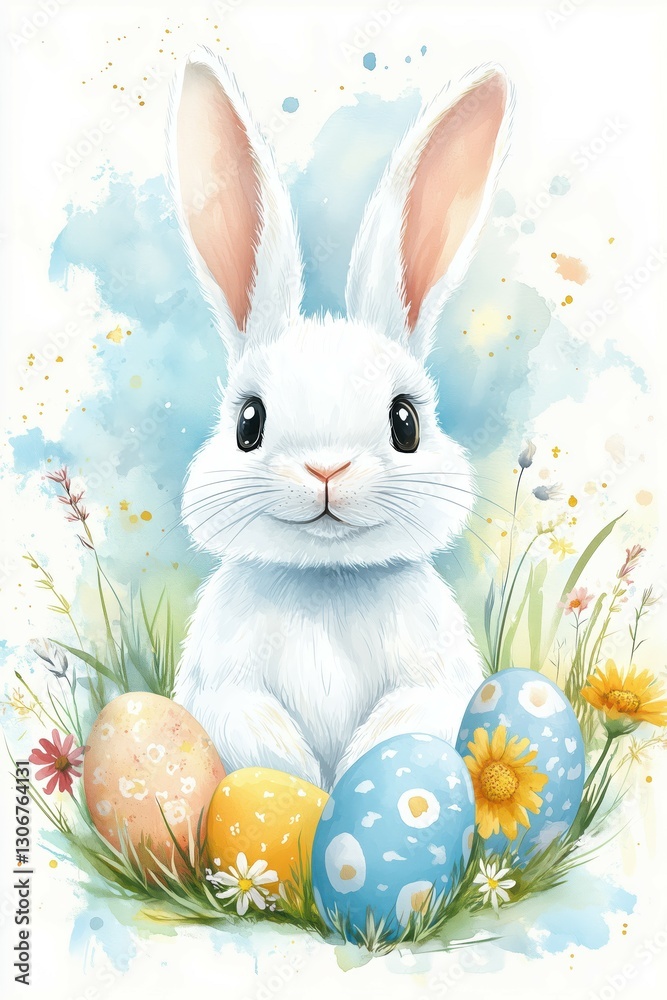 Obraz premium Cute rabbit surrounded by colorful Easter eggs and flowers. .