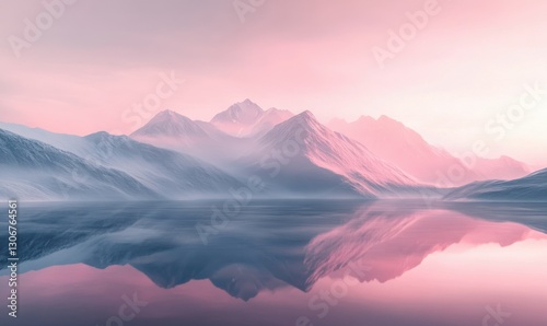 Scenic mountain range shrouded in morning mist, with snow-capped peaks reflecting the soft pink hues of sunrise, creating a majestic and tranquil view.