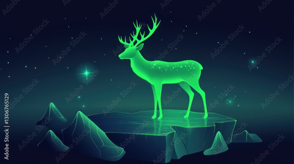 Glowing deer on mountaintop, starry night, fantasy art Glowing deer on mountaintop, starry night, fantasy art
